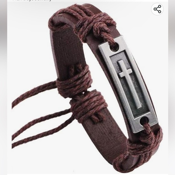 Brown LEATHER Cross Charm Adjustable Bracelet - Picture 1 of 4